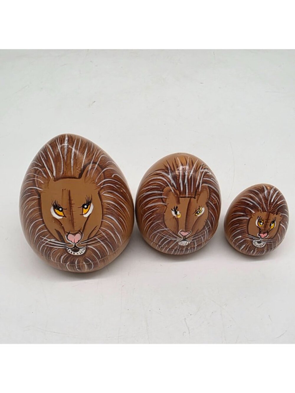 Wooden Nesting Dolls Lion Design Set Of 3 Brown & Tan Colors Handpainted - Picture 3 of 7